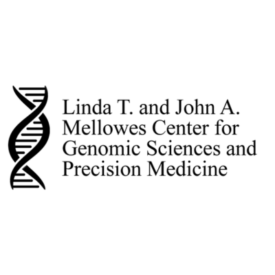 DNA Helix and text - Linda T and John A Mellowes Center for Genomic Sciences and Precision Medicine